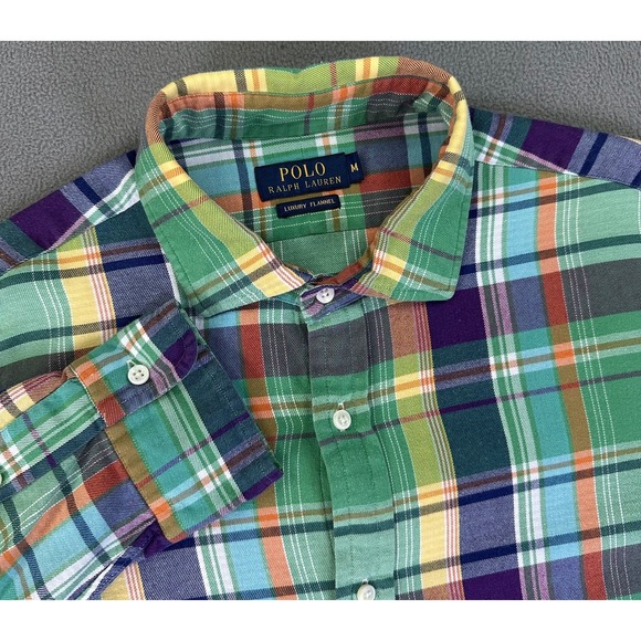 Polo Ralph Lauren Shirt Mens Medium Green Blue Colorful Luxury Flannel Prep - Picture 1 of 7